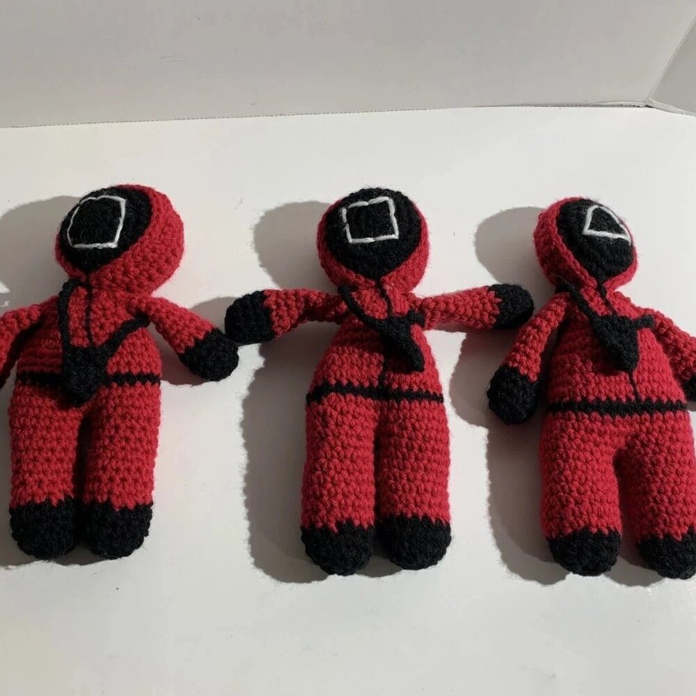 Squid Games Lot of 3 Red Soldiers Knitted Hand Made Crochet 10.25 inch